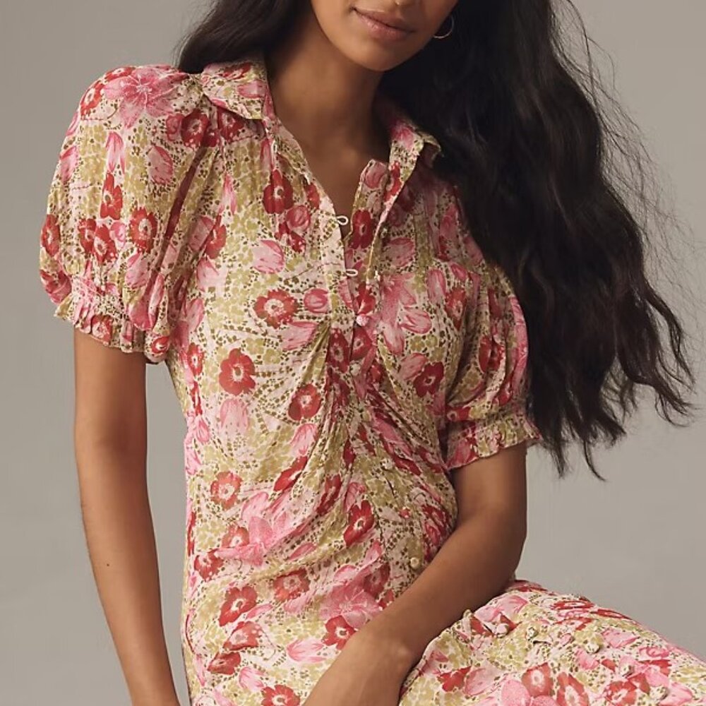 By Anthropologie Puff-Sleeve Ruched Mesh Midi Shirt Dress 4p new pink nwt - Picture 4 of 9